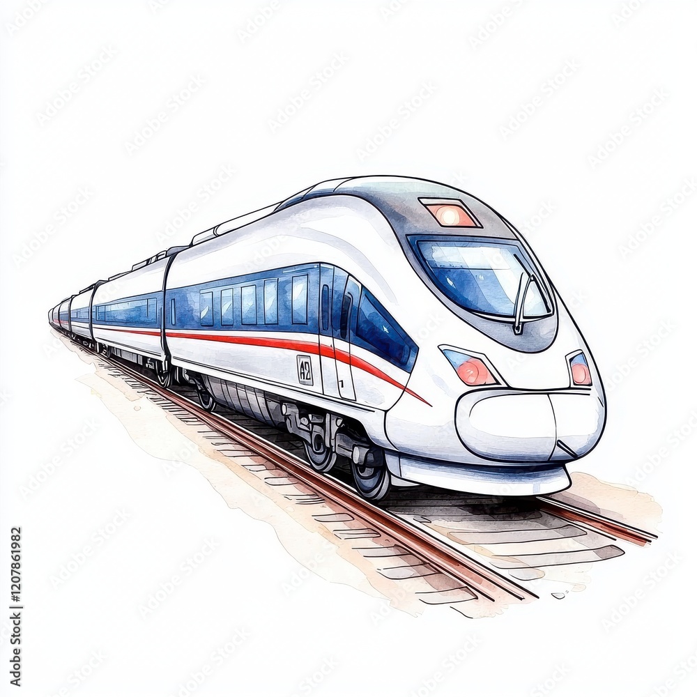 Fototapeta premium Modern High-Speed Train Illustration on Railway Tracks in Motion