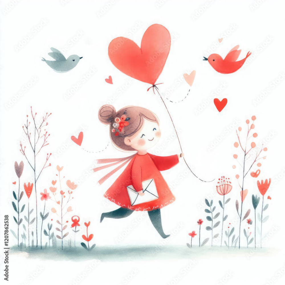 Fototapeta premium Childlike Valentine's day card in watercolor style. Dancing couple in love, cute dancing animals in love, flowers and hearts
