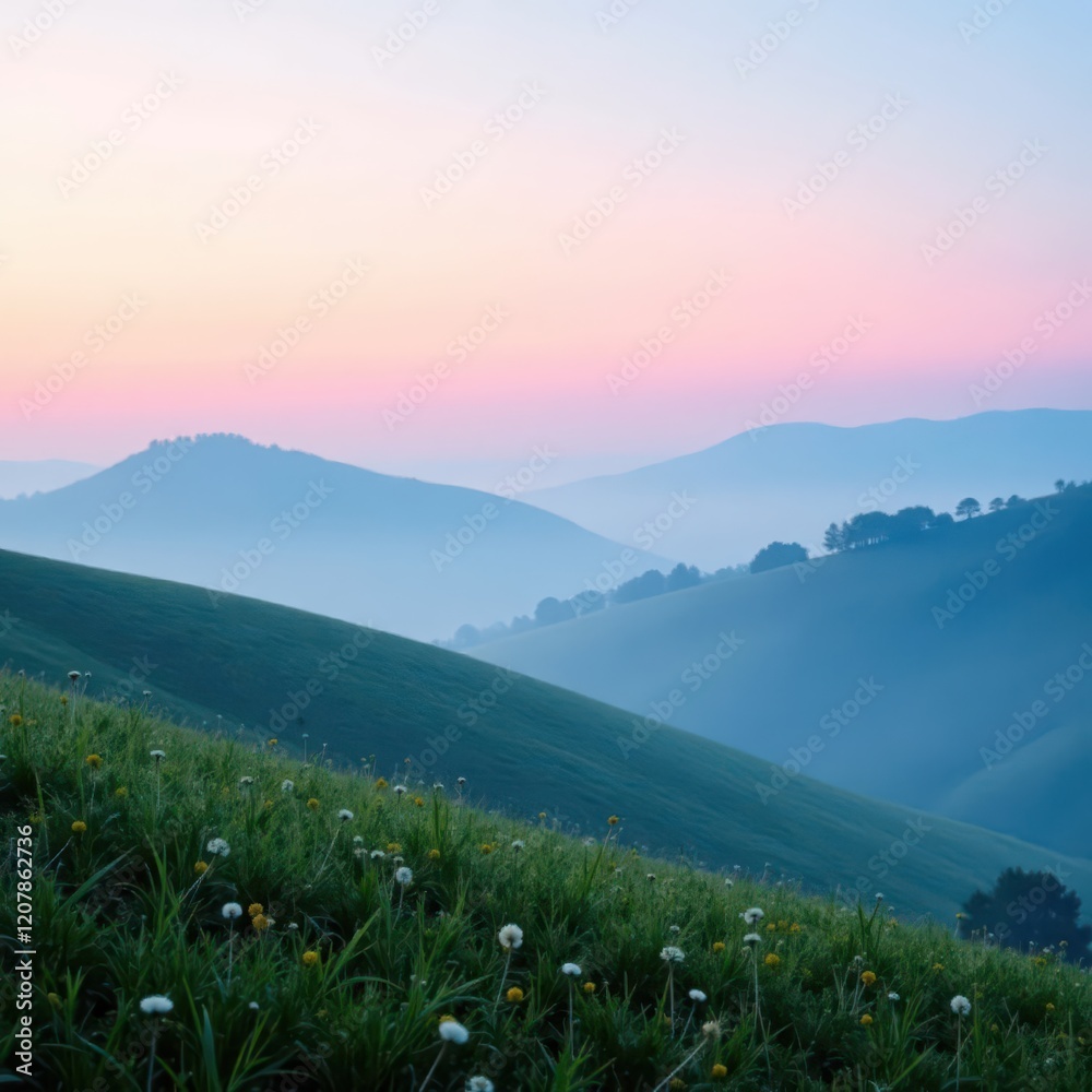 Fototapeta premium Misty morning with a gradient of light blue and pink mist over rolling hills, peaceful, gradient, soft