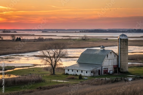 Barn and silo on a farm overlooking the Horicon Marsh Wildlife Area during sunset, horicon marsh, rural buildings, farm buildings, rural scene photo