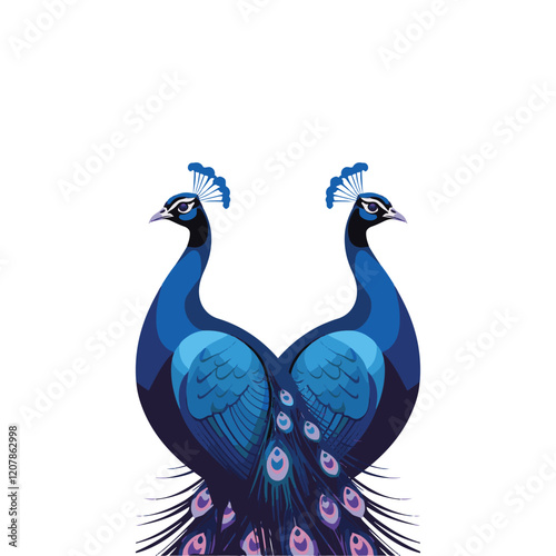 Illustration of two symmetrical peacocks with vibrant blue feathers and intricate design details
