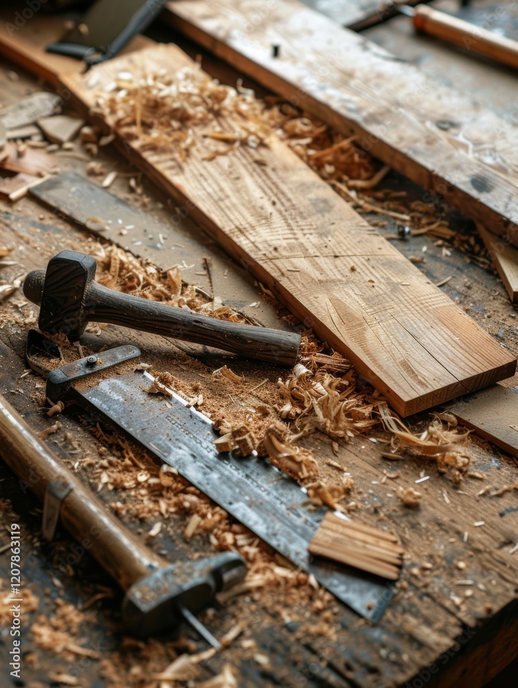 An artisan's carpentry workshop filled with an array of woodworking tools and scattered wood shavings. An artisan's carpentry workshop filled with an array of woodworking tools and scattered wood shavings.