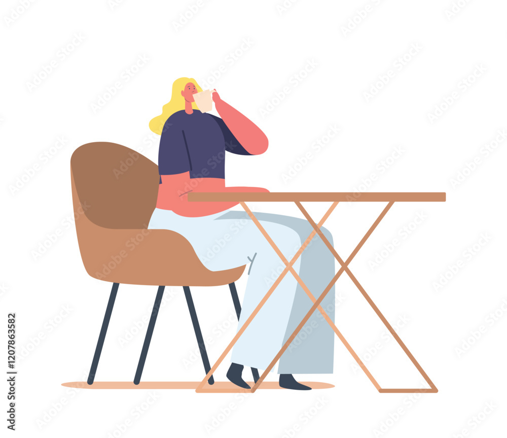 Fototapeta premium Relaxed Woman Freelancer Working on Laptop Sitting at Desk with Coffee Cup Thinking of Tasks. Freelance Employee