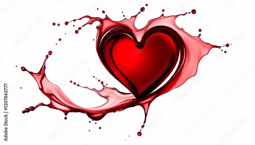  Red wine splash, splashes forming abstract heart shape on white background. Valentines Day illustration - Generative AI