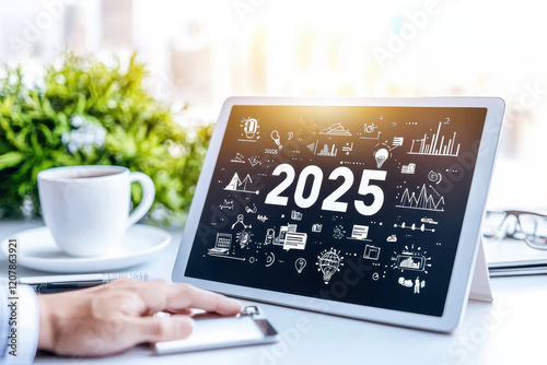 Digital tablet displaying 2025 with creative graphics and coffee, new challenges in the business year 2025 concept photo