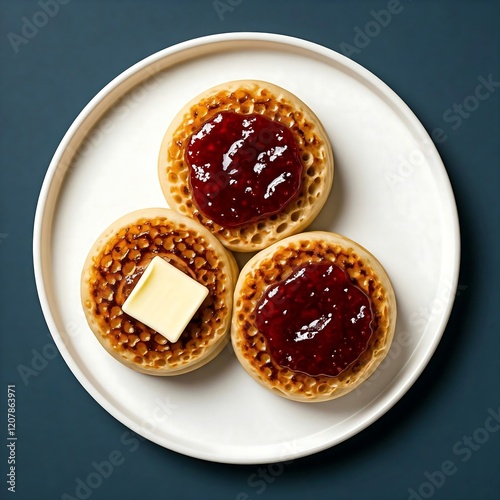 A plate of warm crumpets topped with melted butter and a dollop of strawberry jam. British Food