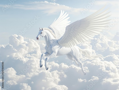 Beautiful white winged horse flying gracefully against a backdrop of fluffy clouds, clouds, pegasus, graceful, majestic