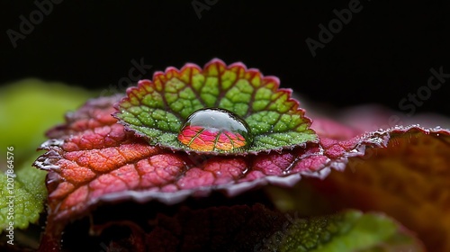 Dewdrop on colorful leaves, macro shot, nature, vibrant, close-up, background blurred, ideal for nature website or print photo