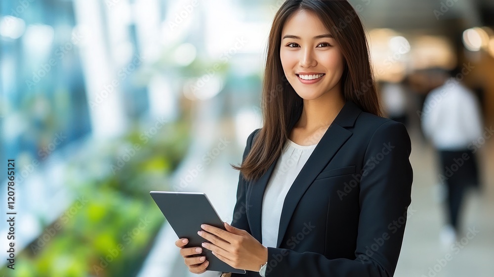 Confident Businesswoman Using Tablet in Modern Office Setting Confident Businesswoman Using Tablet in Modern Office Setting