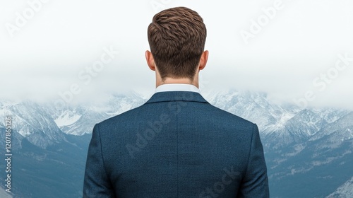 Aspiring for Greater Heights: A businessman stands overlooking a majestic mountain range, his back turned to the viewer, conveying ambition and the pursuit of lofty goals. photo