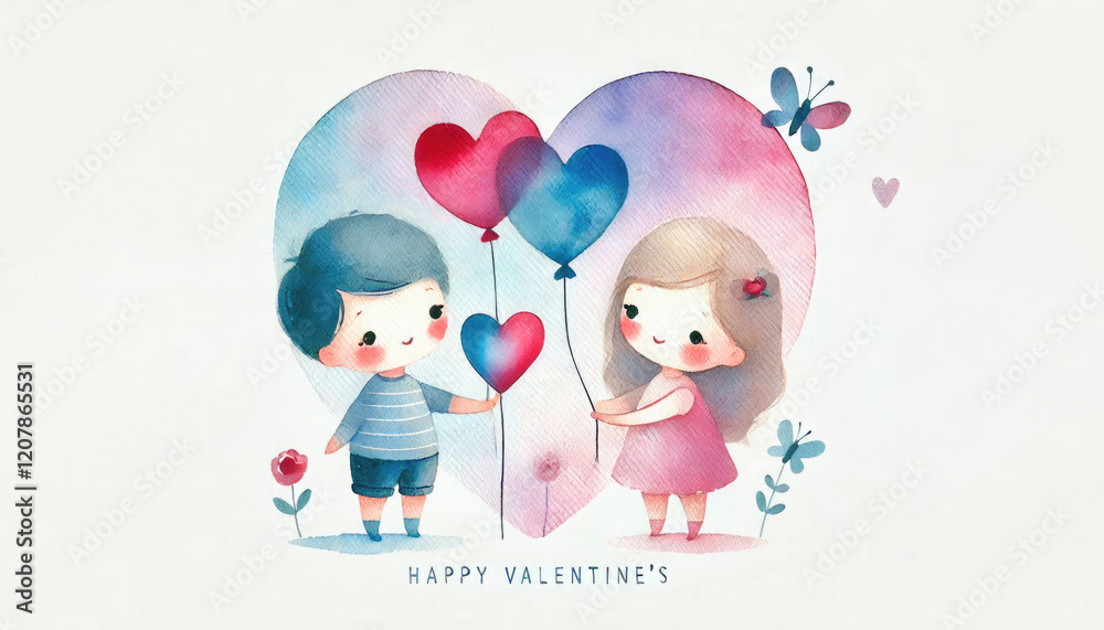 Childlike Valentine's day card in watercolor style. Dancing couple in love, cute dancing animals in love, flowers and hearts Childlike Valentine's day card in watercolor style. Dancing couple in love, cute dancing animals in love, flowers and hearts
