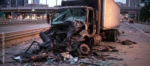 Damaged truck after a severe accident on the highway.