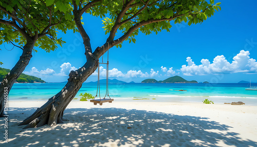 Tranquil Tropical Beach with Swing and Crystal-Clear Water: Perfect Paradise