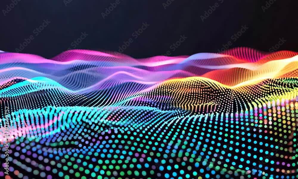 abstract digital landscape with colorful waves and dotted patterns, creating an abstract representation of sound or data visualization.