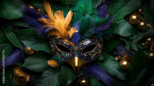 Mardi Gras mask, feathers, leaves; festive celebration background; party decor photo