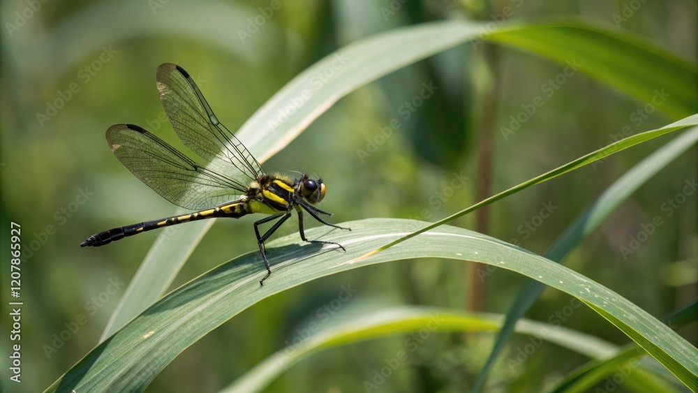 Black and yellow dragonfly resting on a curved leaf, nature, foliage, close up, leaves