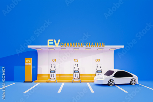 Electric car recharge station, ev refueling service in city of future - 3D render