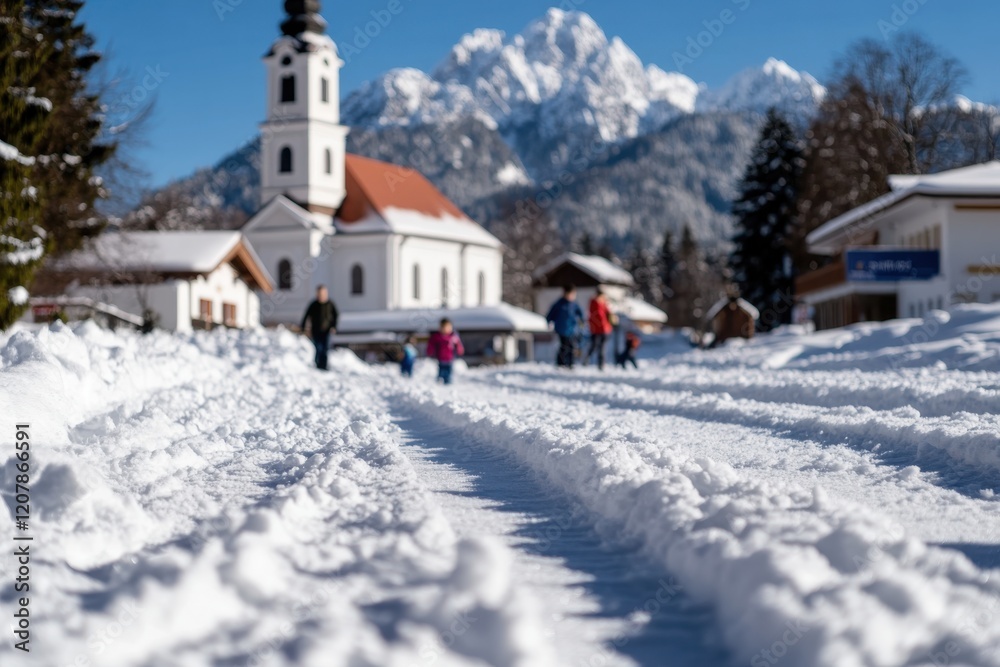 A quaint village church framed by snow-covered mountain peaks embodies the essence of winter's beauty, creating a picturesque scene that evokes feelings of warmth and community. A quaint village church framed by snow-covered mountain peaks embodies the essence of winter's beauty, creating a picturesque scene that evokes feelings of warmth and community.