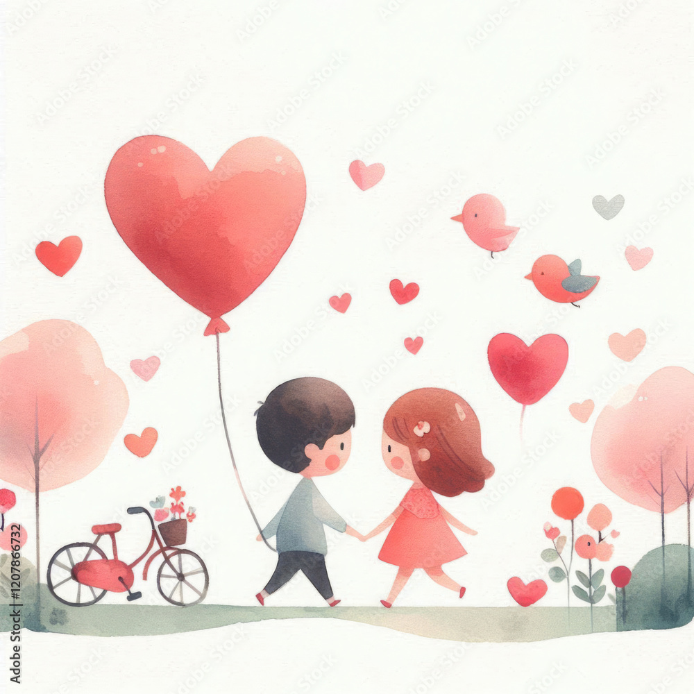 Childlike Valentine's day card in watercolor style. Dancing couple in love, cute dancing animals in love, flowers and hearts Childlike Valentine's day card in watercolor style. Dancing couple in love, cute dancing animals in love, flowers and hearts