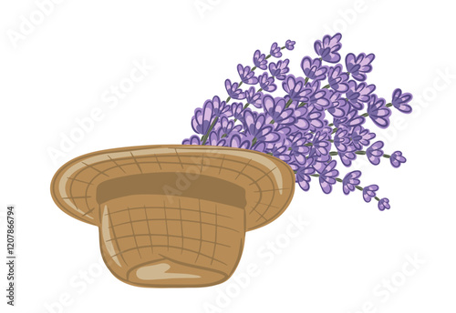 Hand drawn straw hat with a bouquet of lavender flowers overflowing, demonstrating rural charm