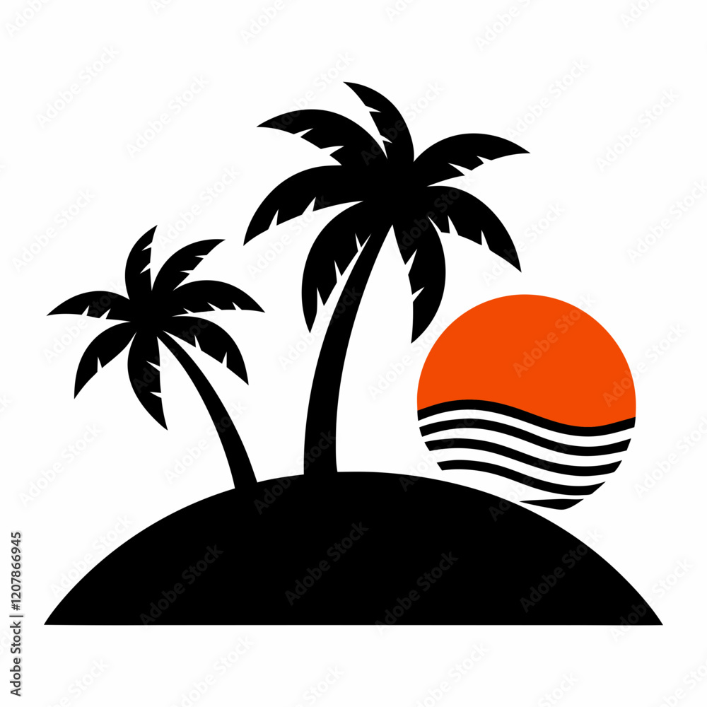 Fototapeta premium Beach scene sunset minimalist design tropical island silhouette