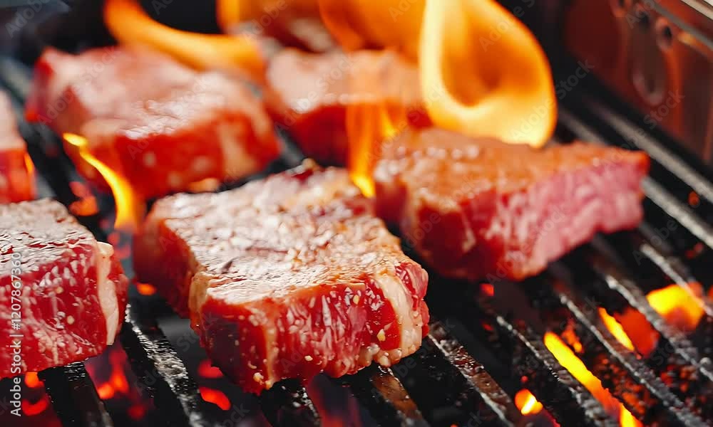 Juicy steaks sizzle on a grill, surrounded by vibrant flames, creating a mouthwatering barbecue scene perfect for meat lovers.