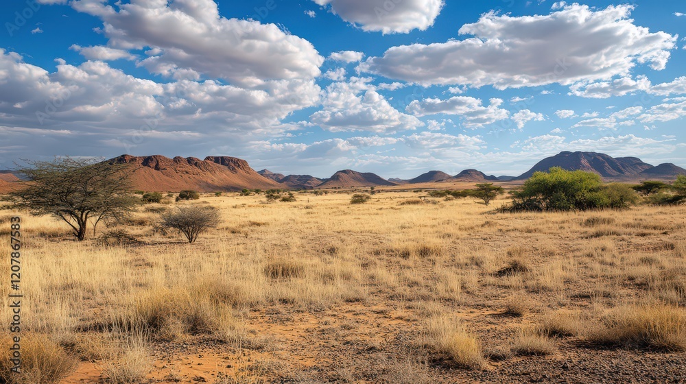 Fototapeta premium A dramatic landscape photo highlighting desertification effects, with cracked earth and sparse vegetation.