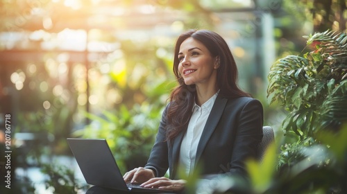 Confident businesswoman working on laptop in a lush green indoor environment, sunlight streaming through the plants.  A portrait of success and modern business lifestyle.