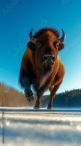 A wild bison walking forwar...