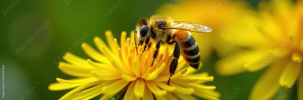 Yellow bee collecting nectar from dandelion flowers with pollen on body, bees, pollen Yellow bee collecting nectar from dandelion flowers with pollen on body, bees, pollen