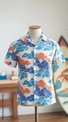 Vibrant Hawaiian shirt featuring ocean wave patterns in blue and orange hues