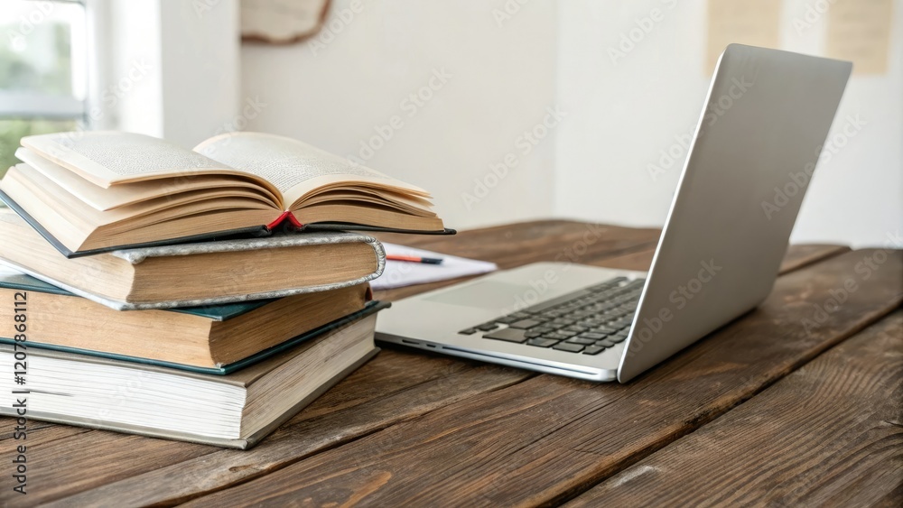 Book stacked on wooden table with laptop open, laptop storage, home office furniture, workspace inspiration Book stacked on wooden table with laptop open, laptop storage, home office furniture, workspace inspiration