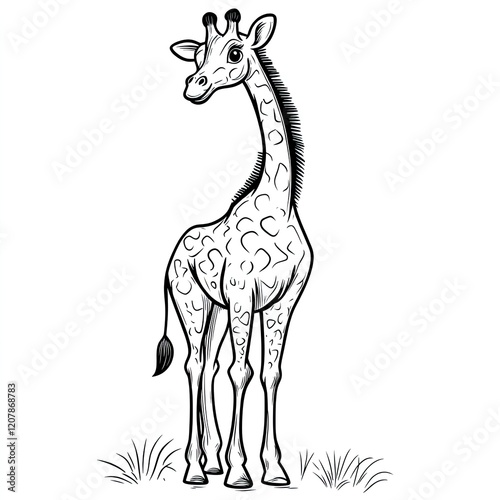 Simple Black and White Giraffe Sketch for Kids Coloring Book photo