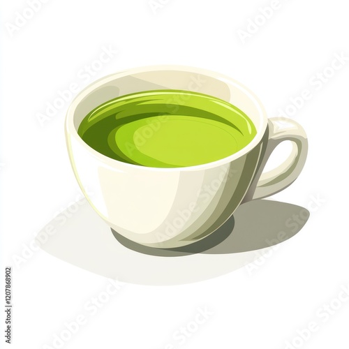 Cartoon cup of green tea on white background photo