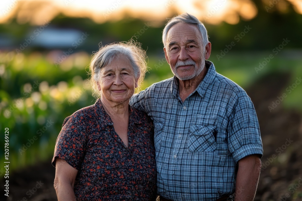 An elderly couple stands happily together in a vibrant field during the golden hour, radiating warmth and love under the soft, hazy sunshine. An elderly couple stands happily together in a vibrant field during the golden hour, radiating warmth and love under the soft, hazy sunshine.