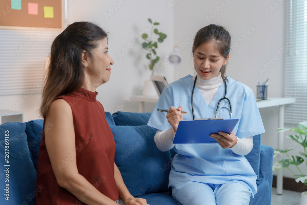 Female doctor explaining diagnosis to her patient sitting on a sofa Female doctor explaining diagnosis to her patient sitting on a sofa