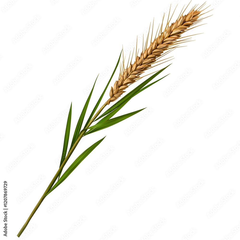 Fototapeta premium Golden Wheat Spike with Green Leaves Isolated on White Background