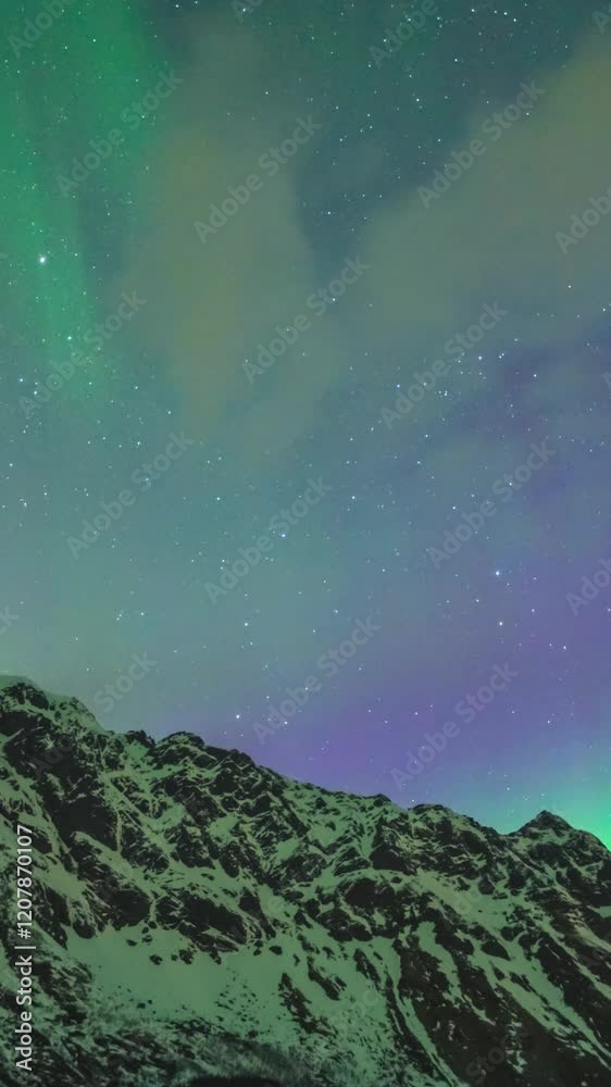 Lofoten Norway time lapse of the aurora borealis northern lights winter landscape at Gimsoystraumen Rasteplas (Vertical)