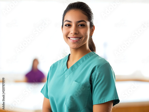 Free Download Confident female healthcare professional  wearing green color dress hospital staff ideal for healthcare branding advertising patient care visuals and medical promotional concepts
 - GFXLoad