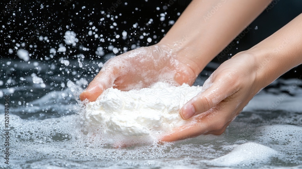 Obraz premium Hands expertly prepare and shape fresh mozzarella cheese in water, showcasing Italian culinary techniques in a close-up view