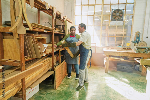 Two craftsmen taking wooden planks in woodshop photo