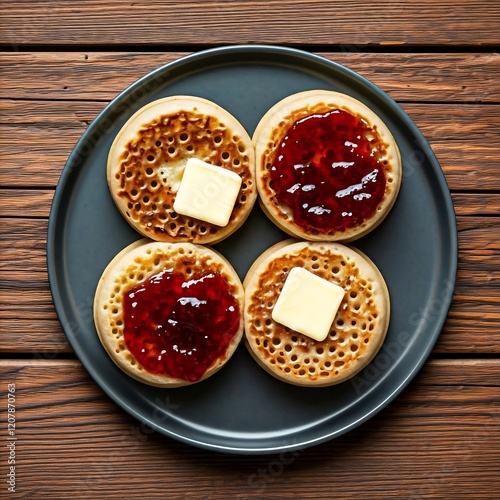 A plate of warm crumpets topped with melted butter and a dollop of strawberry jam.. British Food photo