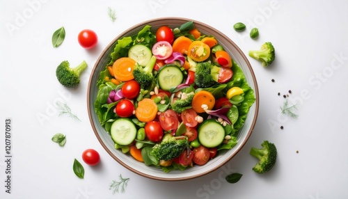 salad bowl on table healthy bowl with mixed vegetables top down view vibrant and colorful health and wellness theme clean white background