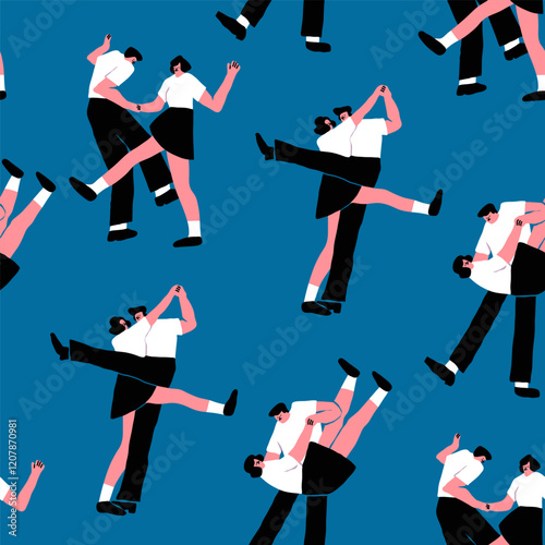 Dancing couples. Cartoon characters. Abstract people with small heads in dance movement. Dating, love, relationship, fun, passion, sport concept. Hand drawn Vector illustration. Seamless pattern