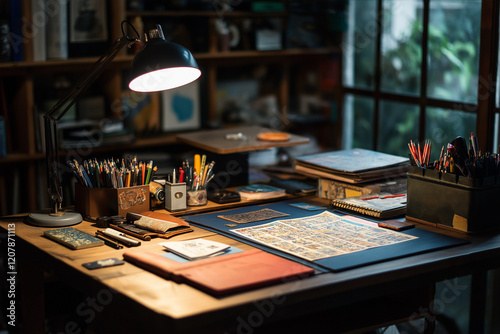 Close up of a graphic novelists desk photo