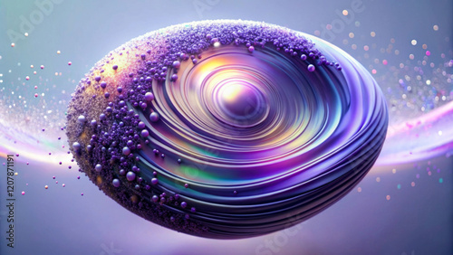 A vivid, swirling spheroid dominates the scene, surrounded by layers of colorful, dynamic particles. Its surface is characterized by a captivating interplay of purple, blue and pink shades.AI