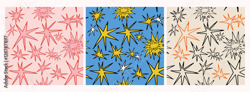 Abstract quirky Stars. Different unique shapes, doodles. Contemporary trendy style. Hand drawn modern Vector illustration. Set of three Square seamless Patterns. Background, wallpaper