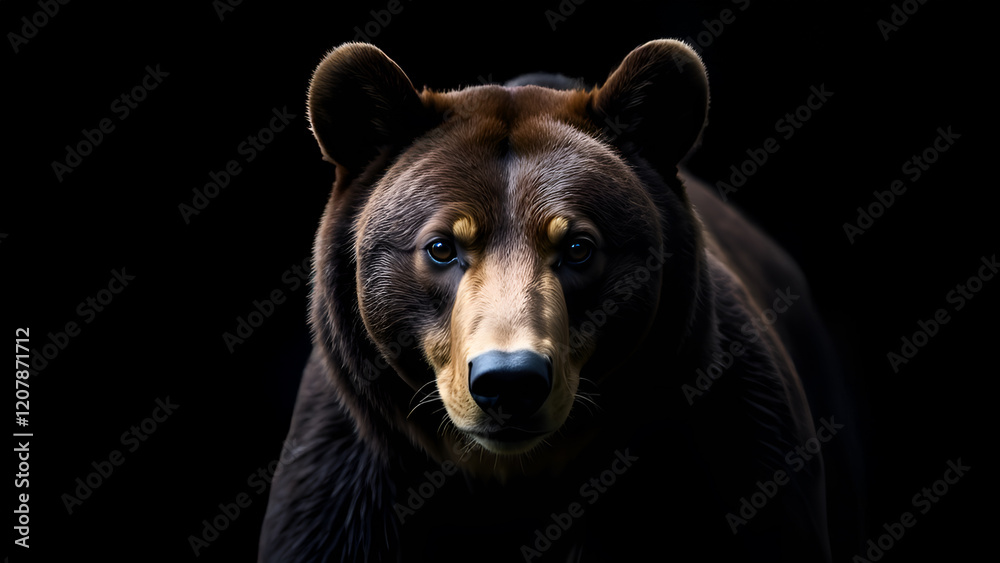 A detailed closeup shot of a brown bears expressive face set against a solid black background, showcasing its features beautifully