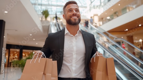 Man with Shopping Bags on Escalator: A happy man in a suit and white shirt strides confidently down an escalator, carrying multiple shopping bags, radiating a sense of fulfillment and excitement. photo