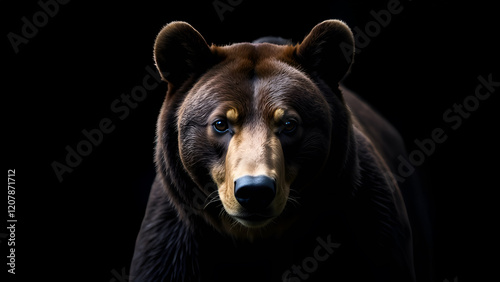 Obraz na płótnie A detailed closeup shot of a brown bears expressive face set against a solid black background, showcasing its features beautifully w salonie